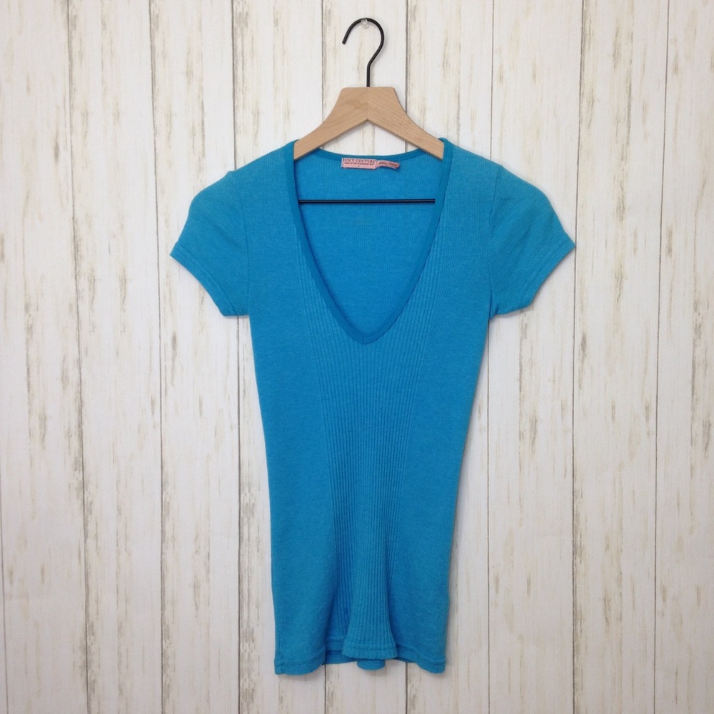 Juicy Couture Blue Ribbed Short Sleeve Shirt Small